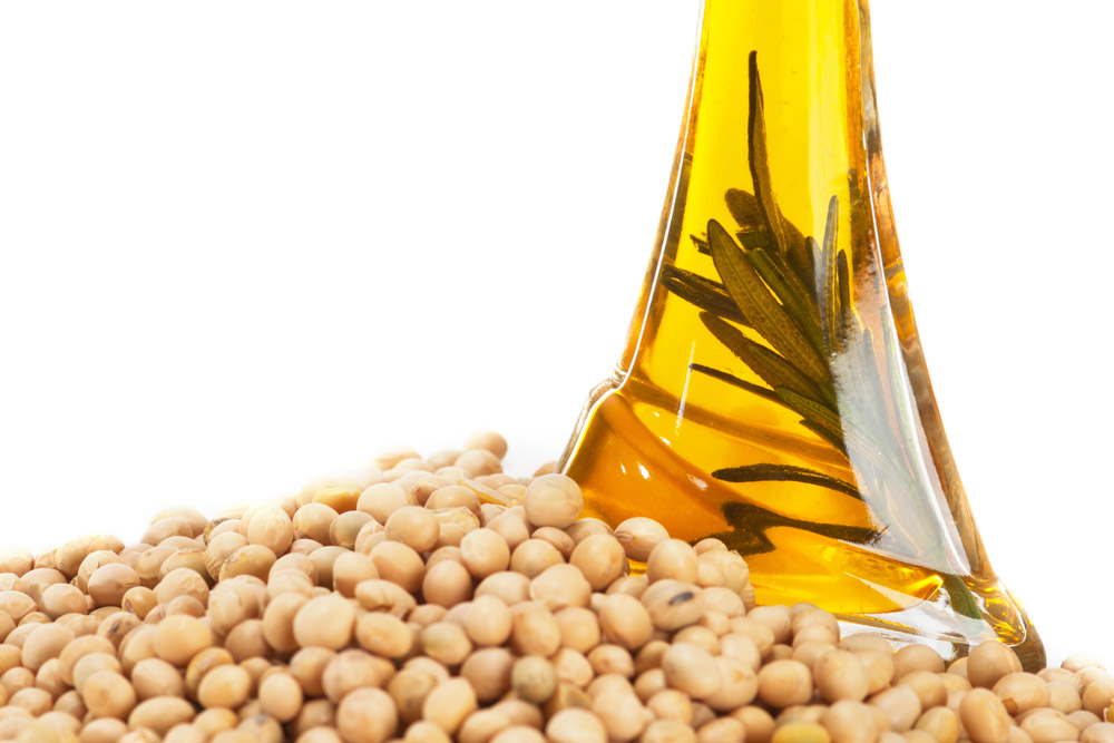 Close-up of a tall, slim glass bottle of soya oil placed next to a pile of soya beans.