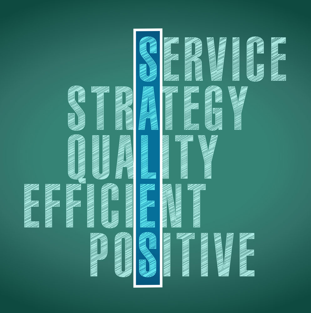 A vertical anagram of the word 'SALES' with the letters rearranged to form the words: Service, strAtegy, quaLity, efficiEnt, poSitive.